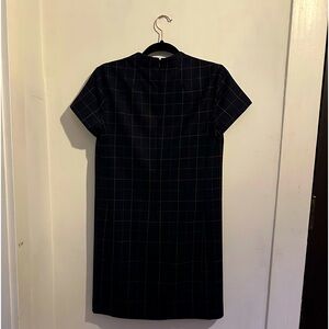 Navy blue Theory wool short dress, short sleeved, plaid/check print.